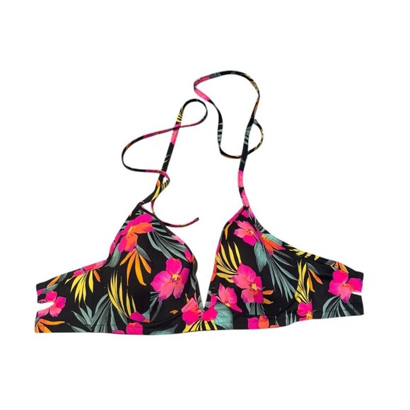 Shade & Shore Swim Bikini Top 38DD | Tropical Floral Push-Up Halter Black Multic - Picture 1 of 3